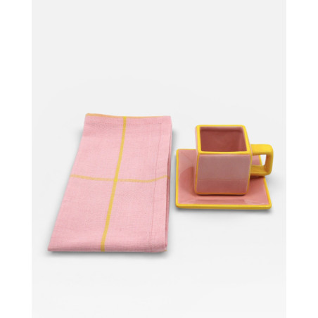 Lot de 6 sets de table - serviettes de table Tile rose / jaune